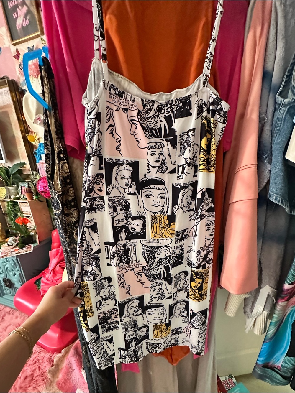 Graphic Comic-Print Slip Dress in White, Black & Yellow & Pink